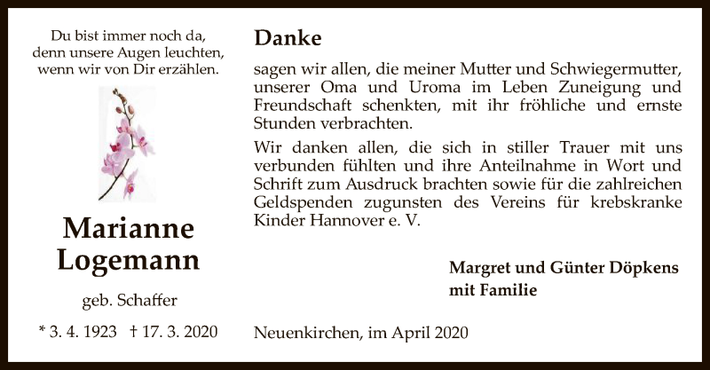  Traueranzeige für Marianne Logemann vom 25.04.2020 aus SYK