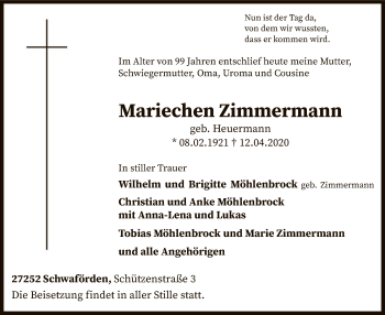 Traueranzeige von Mariechen Zimmermann von SYK