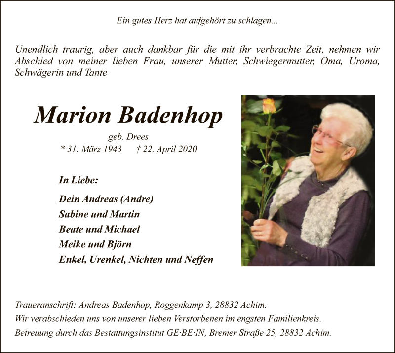  Traueranzeige für Marion Badenhop vom 25.04.2020 aus SYK