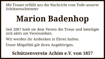 Traueranzeige von Marion Badenhop von SYK