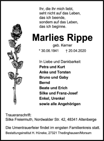 Traueranzeige von Marlies Rippe von SYK