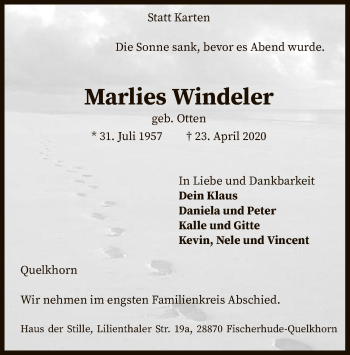 Traueranzeige von Marlies Windeler von SYK