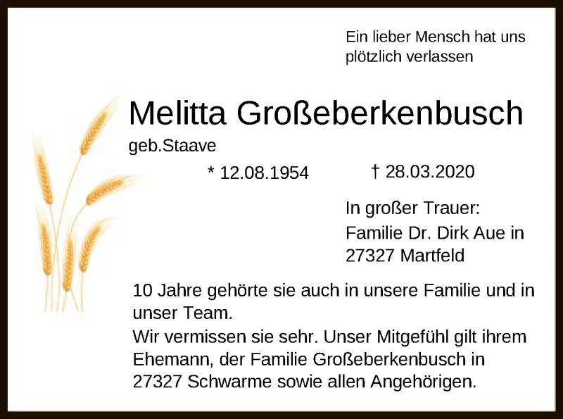  Traueranzeige für Melitta Großeberkenbusch vom 04.04.2020 aus SYK