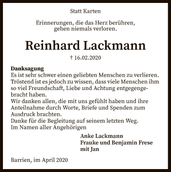 Traueranzeige von Reinhard Lackmann von SYK