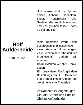 Traueranzeige von Rolf Aufderheide von SYK