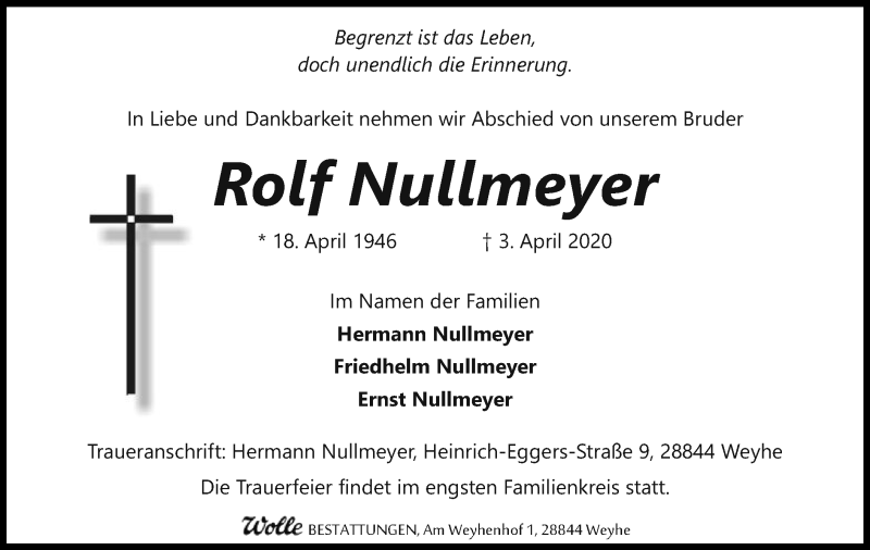  Traueranzeige für Rolf Nullmeyer vom 08.04.2020 aus SYK