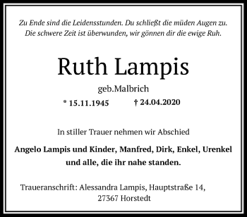 Traueranzeige von Ruth Lampis von SYK