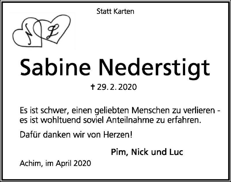  Traueranzeige für Sabine Nederstigt vom 18.04.2020 aus SYK