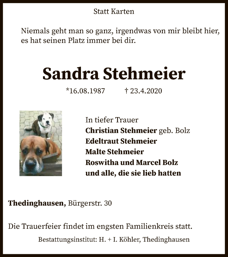  Traueranzeige für Sandra Stehmeier vom 28.04.2020 aus SYK