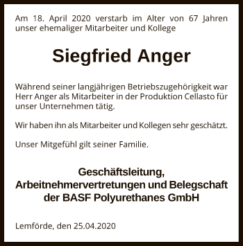 Traueranzeige von Siegfried Anger von SYK