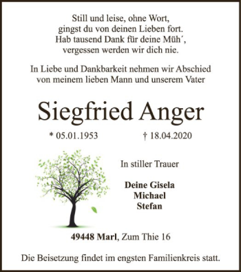 Traueranzeige von Siegfried Anger von SYK