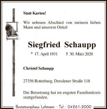 Traueranzeige von Siegfried Schaupp von SYK