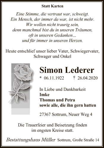 Traueranzeige von Simon Lederer von SYK