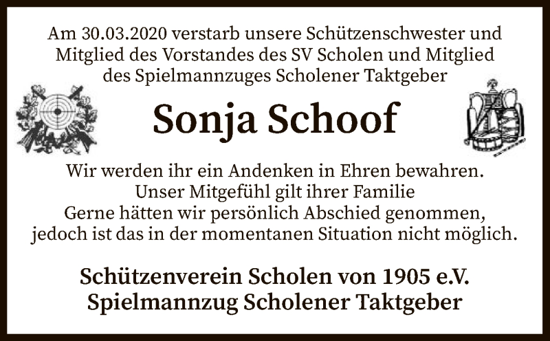  Traueranzeige für Sonja Schoof vom 07.04.2020 aus SYK