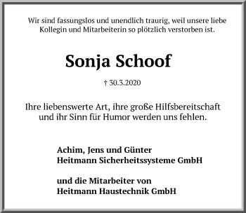 Traueranzeige von Sonja Schoof von SYK