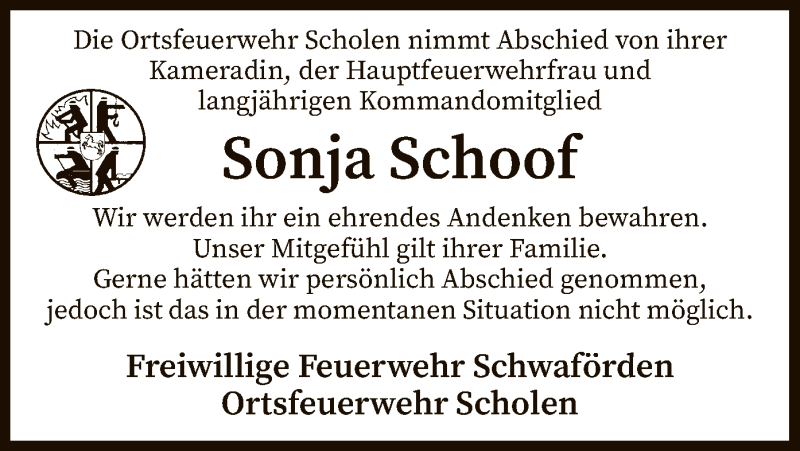  Traueranzeige für Sonja Schoof vom 07.04.2020 aus SYK