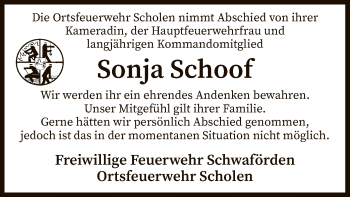 Traueranzeige von Sonja Schoof von SYK