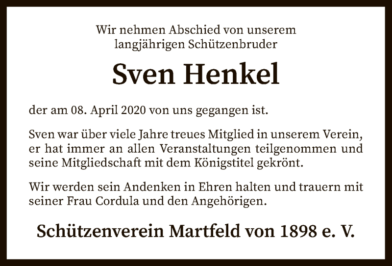  Traueranzeige für Sven Henkel vom 15.04.2020 aus SYK