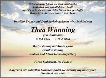 Traueranzeige von Thea Wünning von SYK