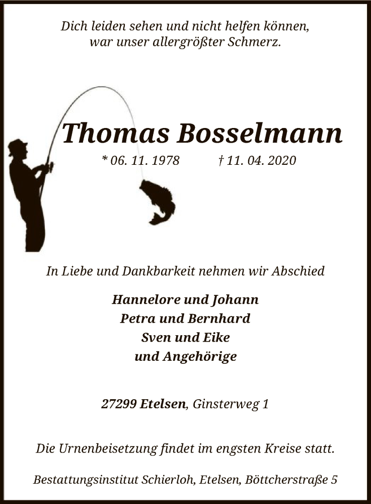  Traueranzeige für Thomas Bosselmann vom 16.04.2020 aus SYK