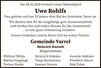 Traueranzeige von Uwe Rohlfs von SYK