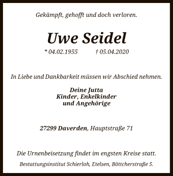 Traueranzeige von Uwe Seidel von SYK