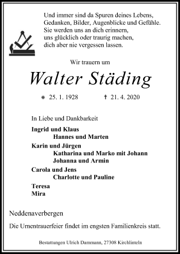 Traueranzeige von Walter Städing von SYK