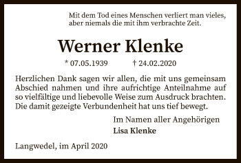 Traueranzeige von Werner Klenke von SYK