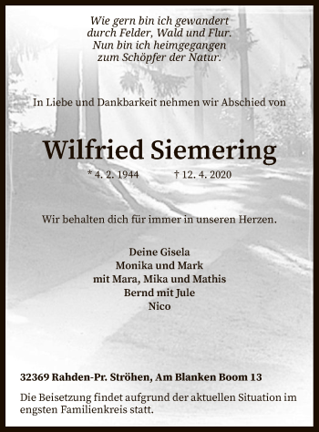 Traueranzeige von Wilfried Siemering von SYK