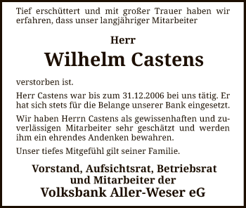 Traueranzeige von Wilhelm Castens von SYK