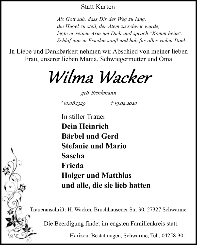  Traueranzeige für Wilma Wacker vom 22.04.2020 aus SYK