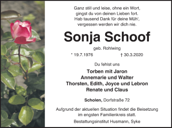 Traueranzeige von Sonja Schoof von SYK