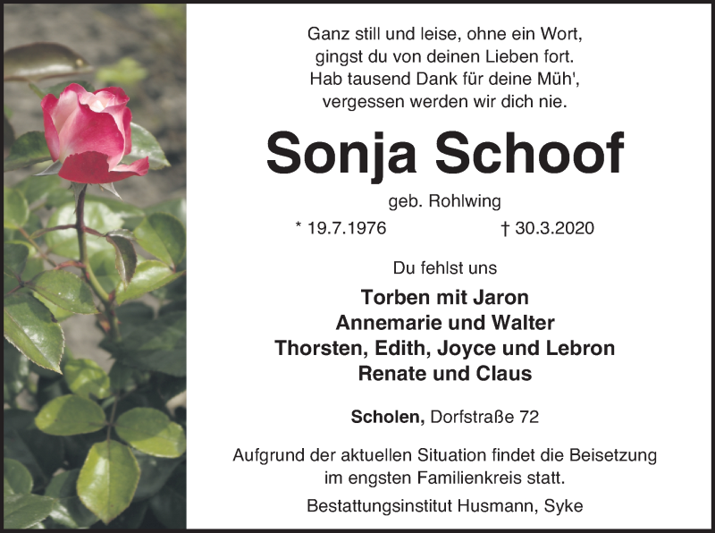  Traueranzeige für Sonja Schoof vom 04.04.2020 aus SYK