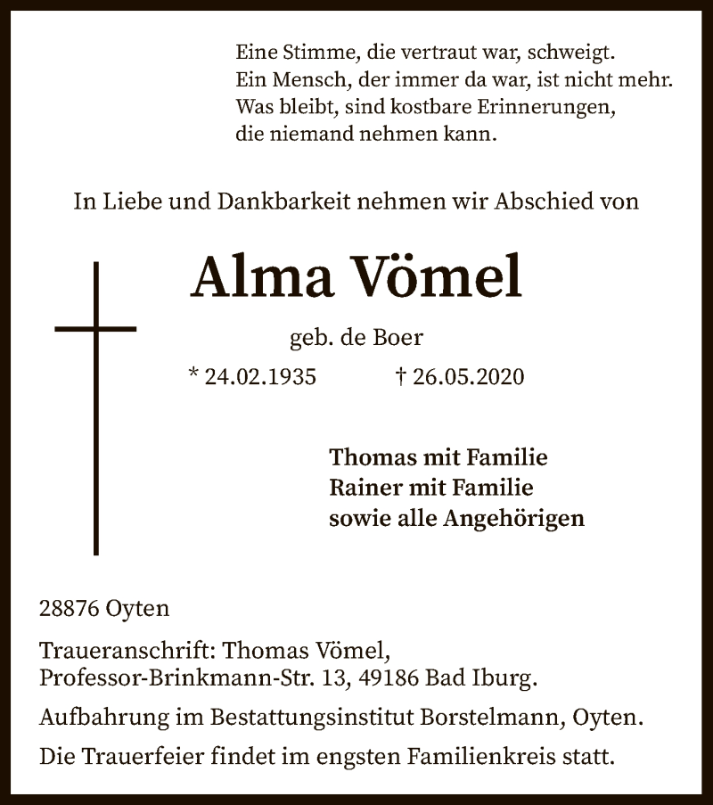  Traueranzeige für Alma Vömel vom 30.05.2020 aus SYK