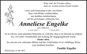 Traueranzeige von Anneliese Engelke von SYK