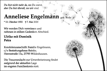 Traueranzeige von Anneliese Engelmann von SYK