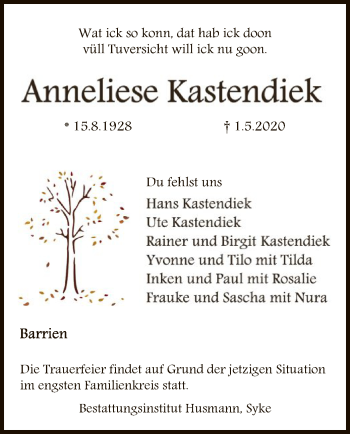 Traueranzeige von Anneliese Kastendiek von SYK