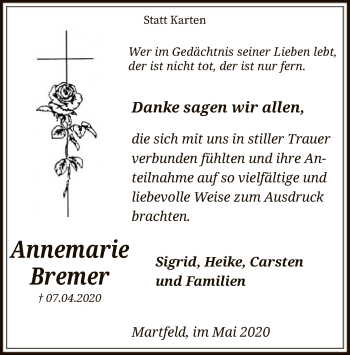 Traueranzeige von Annemarie Bremer von SYK