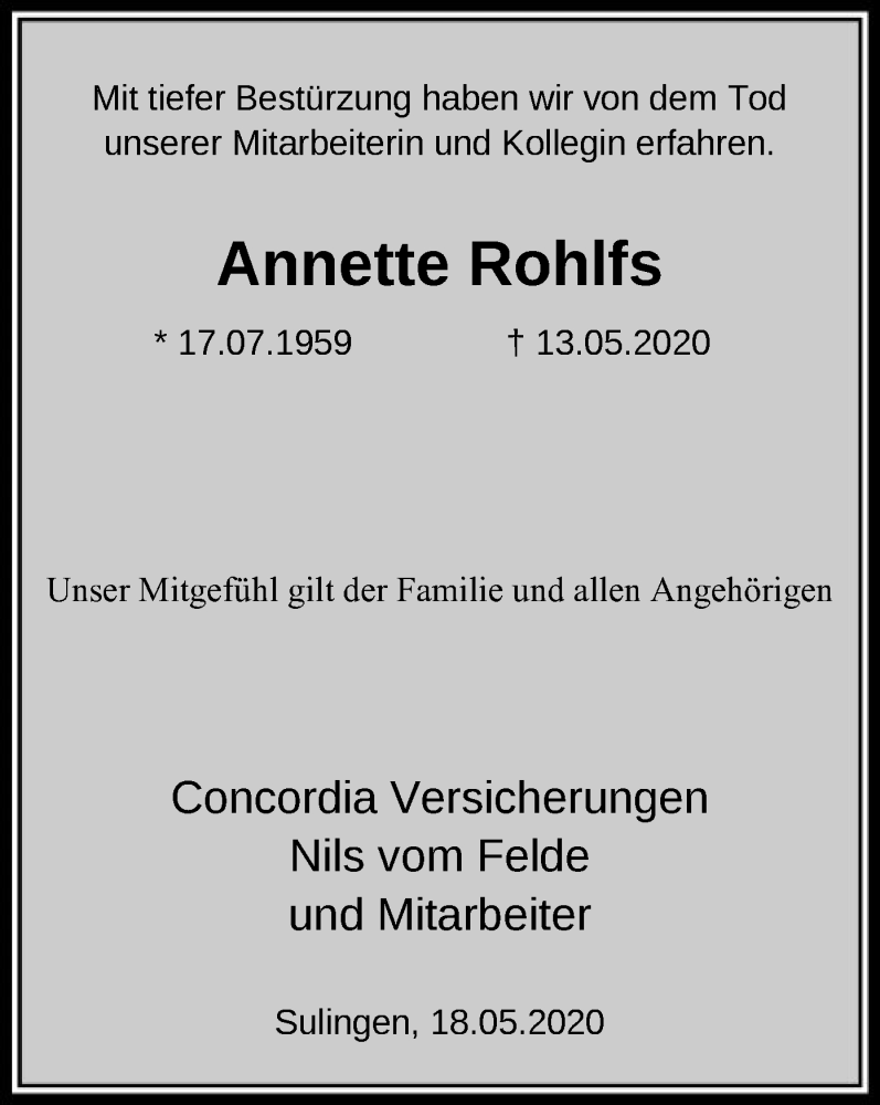  Traueranzeige für Annette Rohlfs vom 19.05.2020 aus SYK