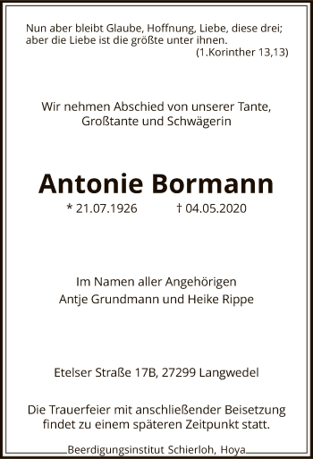 Traueranzeige von Antonie Bormann von SYK