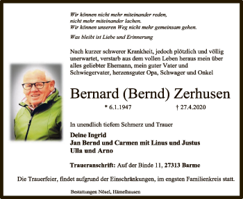 Traueranzeige von Bernard Zerhusen von SYK