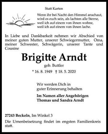 Traueranzeige von Brigitte Arndt von SYK