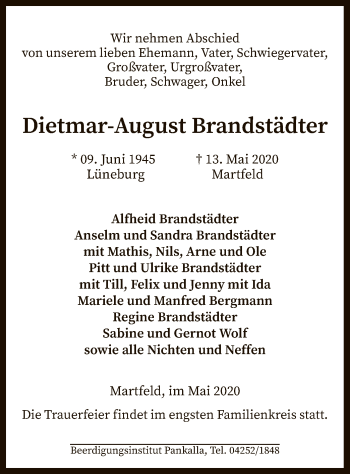 Traueranzeige von Dietmar-August Brandstädter von SYK