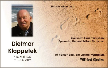 Traueranzeige von Dietmar Klappetek von SYK