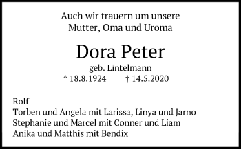 Traueranzeige von Dora Peter von SYK