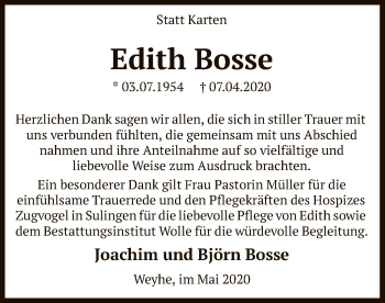 Traueranzeige von Edith Bosse von SYK