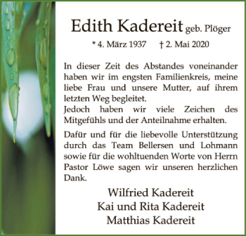 Traueranzeige von Edith Kadereit von SYK