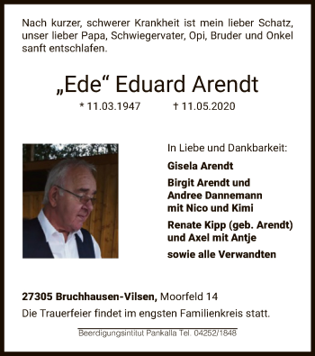 Traueranzeige von Eduard Arendt von SYK