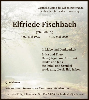 Traueranzeige von Elfriede Fischbach von SYK