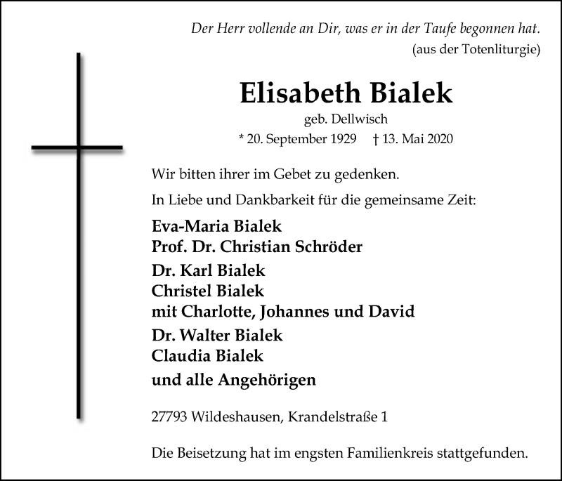  Traueranzeige für Elisabeth Bialek vom 19.05.2020 aus SYK